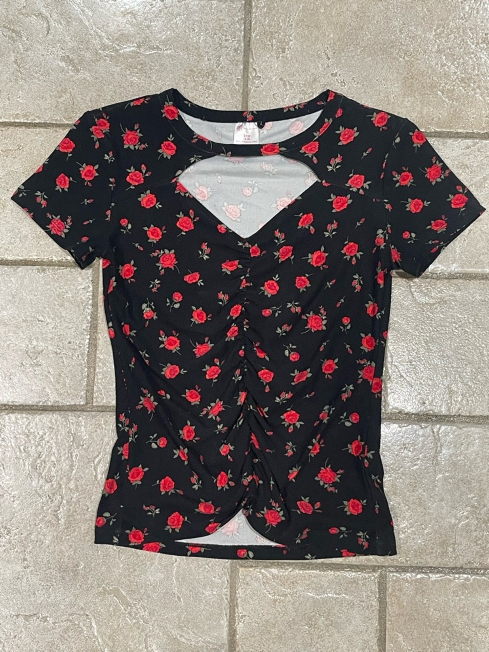 No Boundaries Black Short-Sleeve Women’sTop with Red Rose Print and Heart Cutout